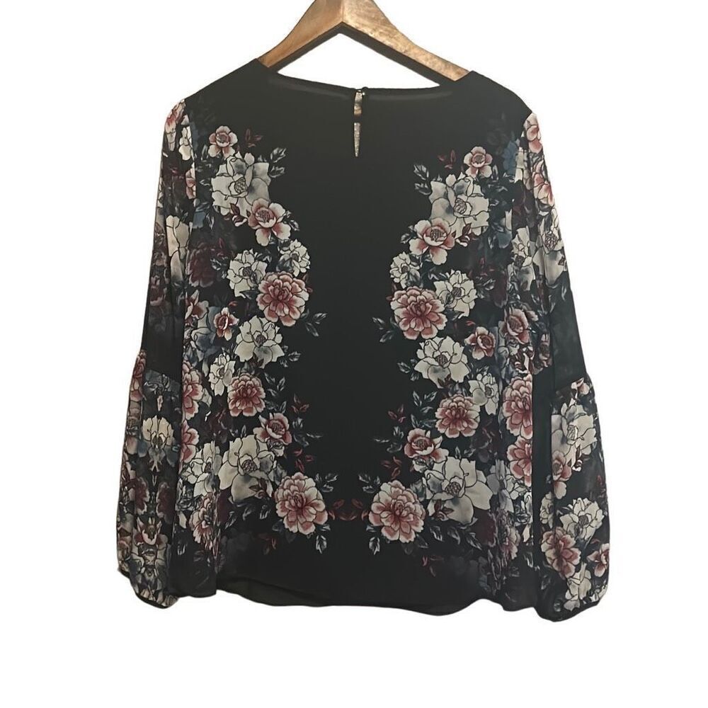 ZAC & RACHEL Black Floral Print Balloon Sleeve Keyhole Neck Blouse Top Plus L - Picture 4 of 4